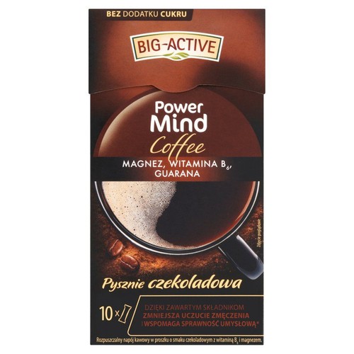 Kawa rozpuszczalna BIG-ACTIVE Power Mind Coffee, czekoladowa. Zawiera magnez, witaminę B6, guaranę. Bez cukru. Opakowanie 10 porcji.