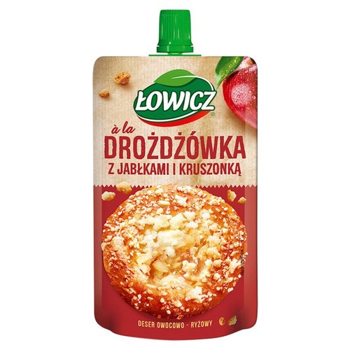 Saszetka Łowicz Deser owocowo-ryżowy à la drożdżówka z jabłkami i kruszonką. Opakowanie z zieloną zakrętką.