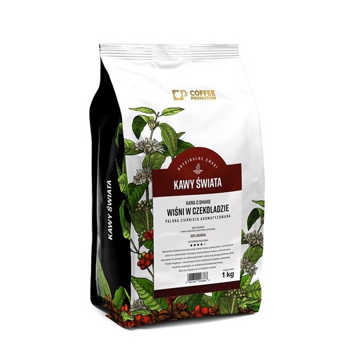 Opakowanie kawy ziarnistej Coffee Promotion Kawy Świata, 1 kg. Kawa palona, aromatyzowana, o smaku wiśni w czekoladzie. Na etykiecie grafika krzewów kawy z czerwonymi owocami.
