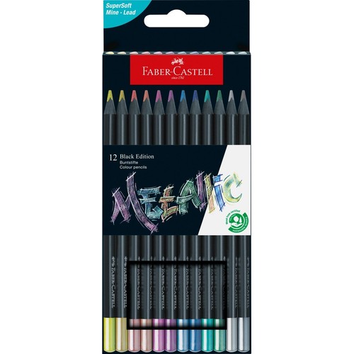 Opakowanie 12 czarnych kredek Faber-Castell Black Edition Colour Pencils z supermiękkim wkładem. Kredki mają kolorowe końcówki i są wykonane z drewna ze zrównoważonej gospodarki leśnej. Logo Faber-Castell od 1761 roku.