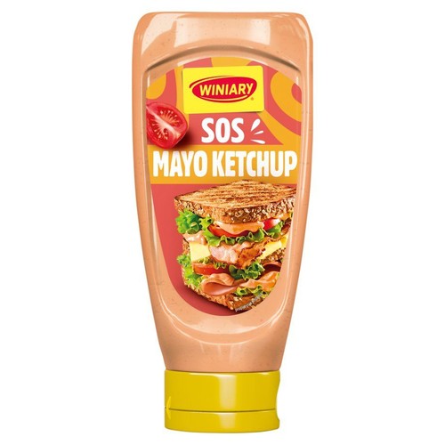 Butelka sosu Winiary Mayo Ketchup. Na etykiecie grafika pomidora i kanapki. Opakowanie ma żółtą nakrętkę.