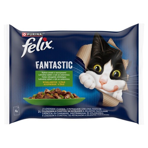 Opakowanie karmy dla kota Purina Felix Fantastic, rybne smaki w galaretce. Na opakowaniu grafika kota i miska z jedzeniem.