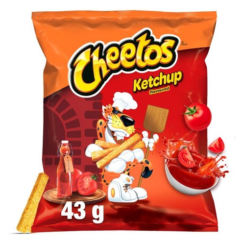 Opakowanie Cheetos o smaku ketchupu, 43 g. Na czerwono-pomarańczowej paczce maskotka Chester Cheetah i grafiki pomidorów z sosem.