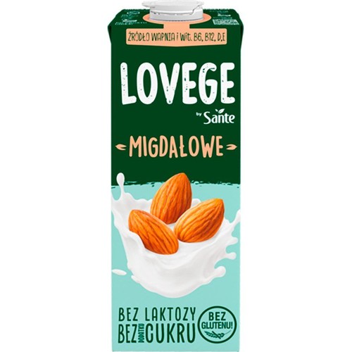 Napój roślinny migdałowy LOVEGE by Sante w zielono-niebieskim kartonie. Z witaminami i wapniem.