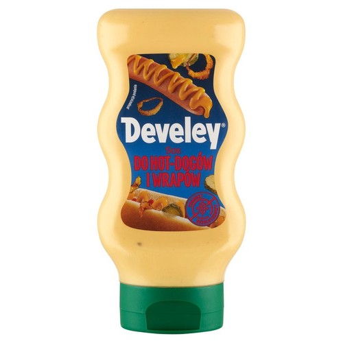 Butelka sosu Develay do hot-dogów i wrapów. Ma beżowy kolor i zieloną nakrętkę. Na etykiecie hot-dog z sosem.