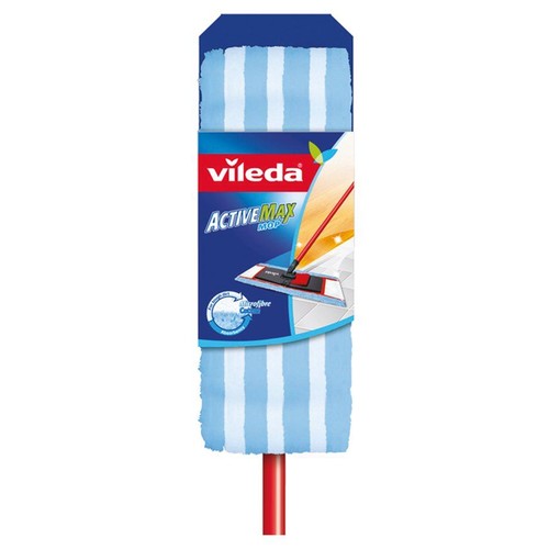 Mop Vileda ActiveMax z niebiesko-białą nakładką z mikrofibry i bawełny, z czerwonym drążkiem. Opakowanie z grafiką mopa.