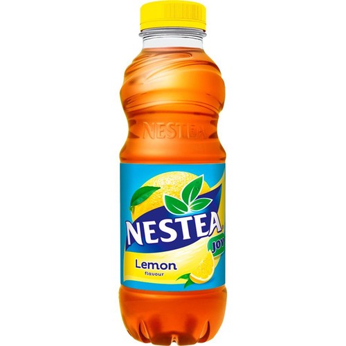 Butelka napoju Nestea Lemon z żółtą zakrętką. Na niebieskiej etykiecie widnieje nazwa "Nestea Joy" i napis "smak cytrynowy".