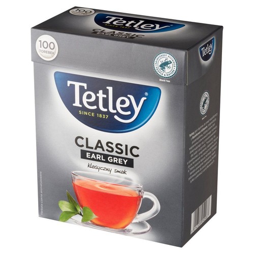 Herbata czarna Tetley Classic Earl Grey, 100 torebek. Pudełko z logo Rainforest Alliance.