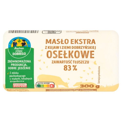 Masło Ekstra Osełkowe Auchan, 83% tłuszczu, 300 g. Zrównoważona produkcja, z mleka z lokalnych gospodarstw. Produkt Polski.