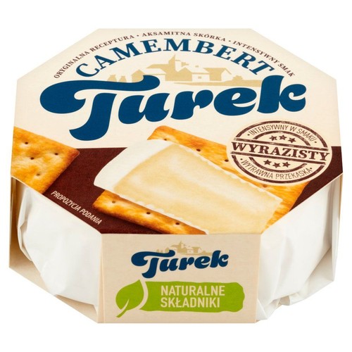Opakowanie sera Camembert Turek z napisem "Oryginalna receptura, aksamitna skórka, intensywny smak". Widoczna propozycja podania.