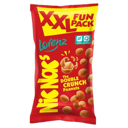 Opakowanie Lorenz NicNac's XXL z orzeszkami ziemnymi. Czerwona paczka z napisem "The Double Crunch Peanuts".