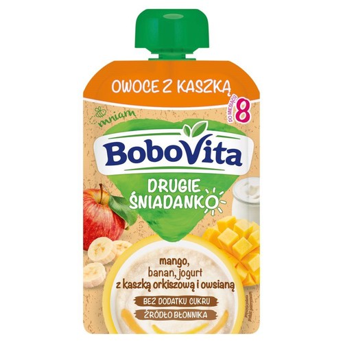 Saszetka BoboVita Owoce z Kaszką. Smak mango, banan, jogurt. Z kaszką orkiszową i owsianą. Bez dodatku cukru.