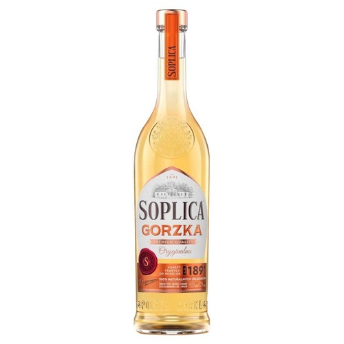 Butelka alkoholu Soplica Gorzka Oryginalna. Na białej etykiecie znajduje się nazwa produktu, informacja "Premium Quality" i "100% naturalnych składników". Butelka ma pomarańczową zakrętkę z nazwą marki.