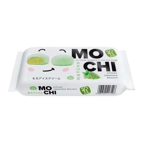 Opakowanie SOTI NATURAL Lody Mochi Matcha. Biała paczka z grafiką dwóch zielonych mochi, jednego przekrojonego, oraz proszku matcha. 2 sztuki.