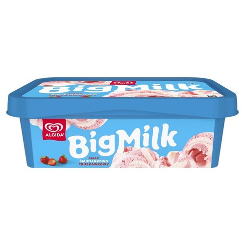 Niebieskie opakowanie lodów Algida BigMilk o smaku śmietankowo-truskawkowym. Na etykiecie grafika lodów i truskawek.