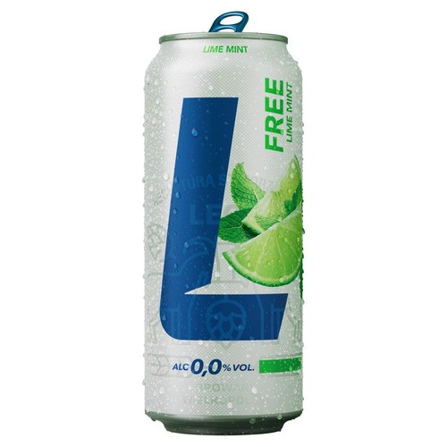 Produkt: napój FREE Lime Mint w aluminiowej puszce. Zawiera 0,0% alkoholu. Etykieta przedstawia zielone kawałki limonki i liście mięty na tle dużej niebieskiej litery "L". Puszka jest mokra od skroplonej wody, co podkreśla jej chłodny charakter.