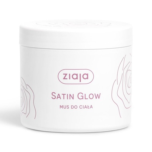 Kosmetyk Ziaja Satin Glow, mus do ciała w białym opakowaniu z grafiką róż.