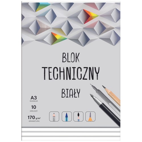 Blok techniczny biały, rozmiar A3, 10 kartek, gramatura 170 g/m². Na opakowaniu grafika z trójwymiarowymi kształtami i zdjęciami przyborów do rysowania: cienkopisu, ołówka i markera. Przeznaczony dla artystów i techników.