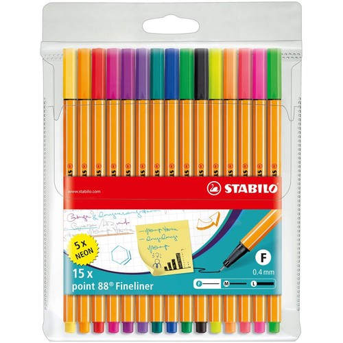Stabilo Point 88 Fineliner, zestaw 15 cienkopisów w różnych kolorach, w tym 5 neonowych.