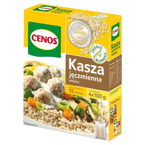 CENOS Kasza jęczmienna wiejska, 4x100 g. Opakowanie z grafiką dania z kaszą, klopsikami i warzywami. Czas gotowania 15 minut.