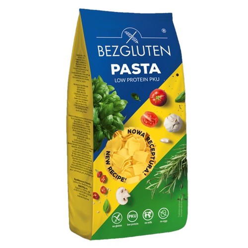 Opakowanie makaronu Bezgluten Pasta Low Protein PKU. Nie zawiera glutenu, białka, mleka ani jaj.