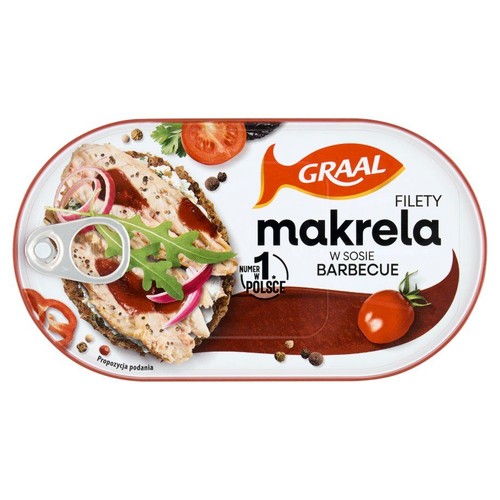 Graal filety makreli w sosie barbecue, puszka z grafiką kanapki. Oznaczenie "Numer 1 w Polsce".