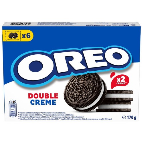 Opakowanie ciastek Oreo Double Creme, 170 g. Produkt zawiera 6 porcji. Ciemne ciastka z podwójnym białym kremem.