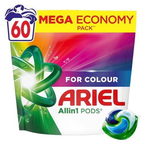Opakowanie Ariel Allin1 PODS do koloru, mega ekonomiczne, zawiera 60 kapsułek. Widoczna kapsułka w kolorach niebieskim i zielonym.