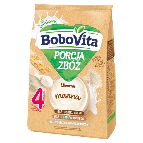 Opakowanie BoboVita Mleczna manna, Porcja zbóż. Produkt dla dzieci od 4 miesiąca, bez cukru i konserwantów.