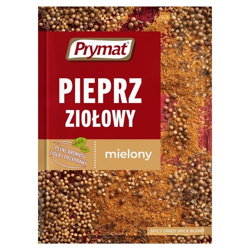 Opakowanie Prymat Pieprz Ziołowy mielony, czerwono-brązowa torebka z białym napisem. W tle rozsypane ziarna kolendry i mielone przyprawy.