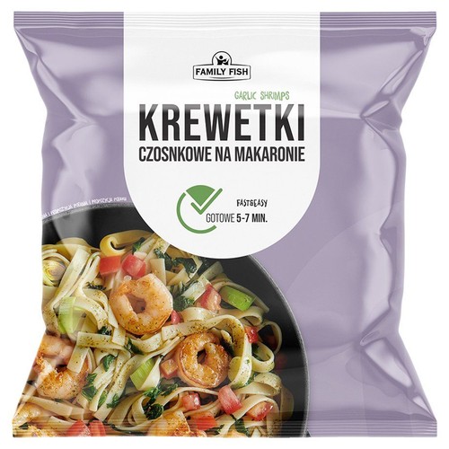 Fioletowa torebka Family Fish Krewetki Czosnkowe na Makaronie. Na opakowaniu danie z krewetkami, makaronem i warzywami. Gotowe w 5-7 min.