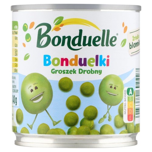 Bonduelle Bonduelki Groszek Drobny w puszce. Etykieta z grafiką zielonych groszków i napisem „Źródło błonnika”.