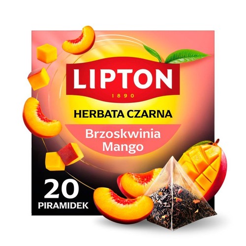 Pudełko herbaty Lipton Czarna Brzoskwinia Mango, 20 piramidek. Design opakowania przedstawia soczyste plastry brzoskwini i kostki mango, otaczające logo Lipton. Obok leży przezroczysta torebka piramidka z suszem herbacianym.