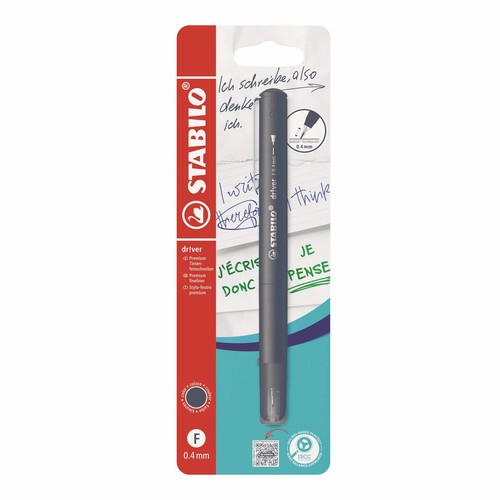 Cienkopis Stabilo Driver 0.4 mm w blistrze. Ciemnoniebieski pisak z napisem "Piszę, więc myślę." na opakowaniu.