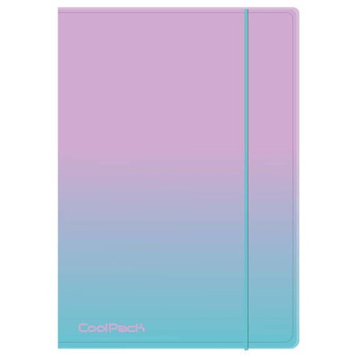 Notes CoolPack z twardą okładką, prezentujący płynny gradient kolorów od jasnego różu na górze do turkusowego błękitu na dole. Posiada pionową, elastyczną gumkę w kolorze błękitnym, umieszczoną po prawej stronie, służącą do zamknięcia.