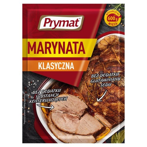 Opakowanie marynaty Prymat Klasyczna. Na grafice pieczeń, wystarcza na 600g mięsa. Bez konserwantów i glutaminianu sodu.