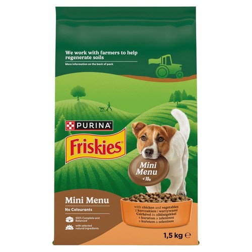 Worek karmy Friskies Mini Menu dla małych ras, 1,5 kg. Opakowanie zielono-brązowe z psem i miską karmy.
