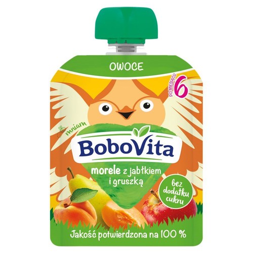 Saszetka BoboVita z przecierem owocowym: morele, jabłko i gruszka. Produkt dla niemowląt po 6 miesiącu.