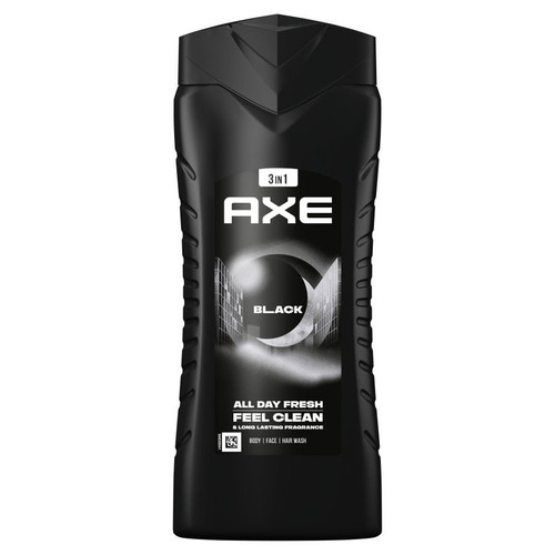 Butelka czarnego żelu pod prysznic AXE Black 3w1. Produkt do mycia ciała, twarzy i włosów z długotrwałym zapachem.