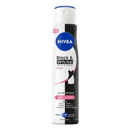 Opakowanie antyperspirantu NIVEA Black & White Invisible Clear. Biało-czarna puszka z grafiką ubrań. 250 ml.