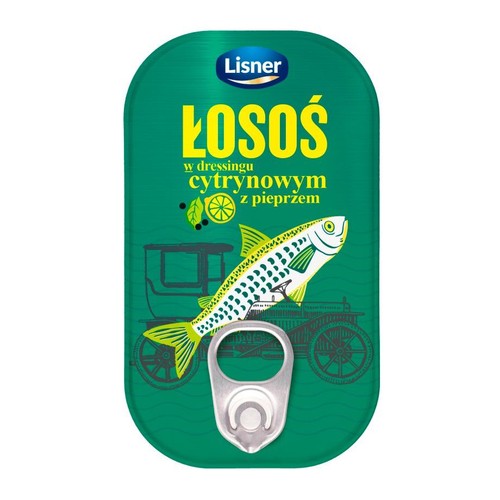 Zielona puszka Lisner Łosoś w dressingu cytrynowym z pieprzem. Na puszce grafika ryby i cytryny. Widoczny otwieracz.