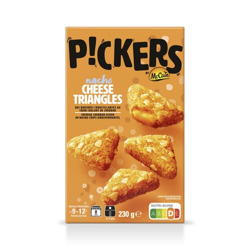Pomarańczowe opakowanie P!CKERS nacho CHEESE TRIANGLES McCain. Zawiera 9-12 chrupiących trójkątów serowych z płynnym cheddarem, 230 g.