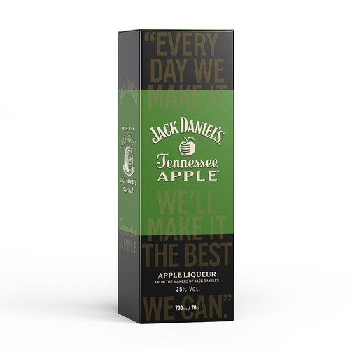 Opakowanie produktu Jack Daniel's Tennessee Apple Liqueur. Czarny karton z zielonym panelem, na którym widnieje nazwa marki Jack Daniel's, nazwa smaku Tennessee Apple i logo jabłka. Pojemność 700ml, 35% obj. alkoholu.