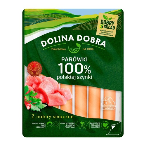 Opakowanie parówek Dolina Dobra, 100% polskiej szynki. Zielone tło z krajobrazem, widoczne surowe mięso i parówki.