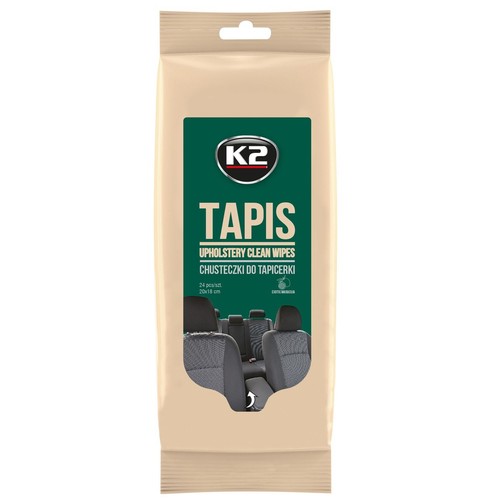 Chusteczki K2 Tapis do tapicerki samochodowej w beżowym opakowaniu. Na zielonej etykiecie widnieje nazwa produktu i grafika siedzeń.