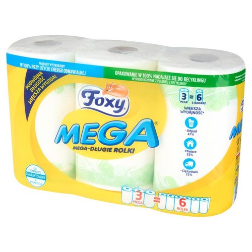 Opakowanie Foxy Mega papieru toaletowego. Zawiera 3 mega rolki, które odpowiadają 6 rolkom standardowym.