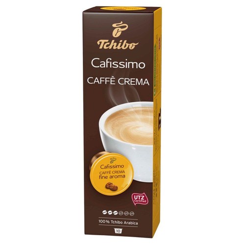 Kawa Tchibo Cafissimo Caffè Crema w opakowaniu, z grafiką filiżanki kawy i kapsułki. Zawiera 10 kapsułek.