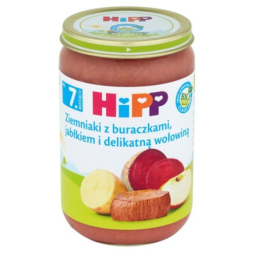 Słoik HiPP z daniem dla dzieci od 7. miesiąca: ziemniaki, buraczki, jabłko, wołowina. Produkt ekologiczny.