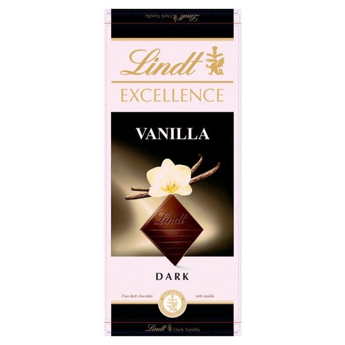 Czekolada Lindt Excellence Dark Vanilla. Opakowanie z grafiką ciemnej czekolady, białego kwiatu wanilii i lasek wanilii. Na opakowaniu widnieje nazwa produktu: Lindt Excellence Dark Vanilla.