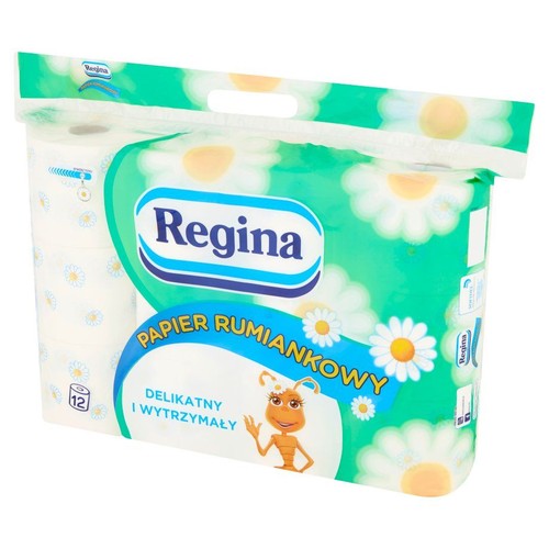Papier toaletowy Regina Rumiankowy, delikatny i wytrzymały, w zielonym opakowaniu z 12 rolkami.